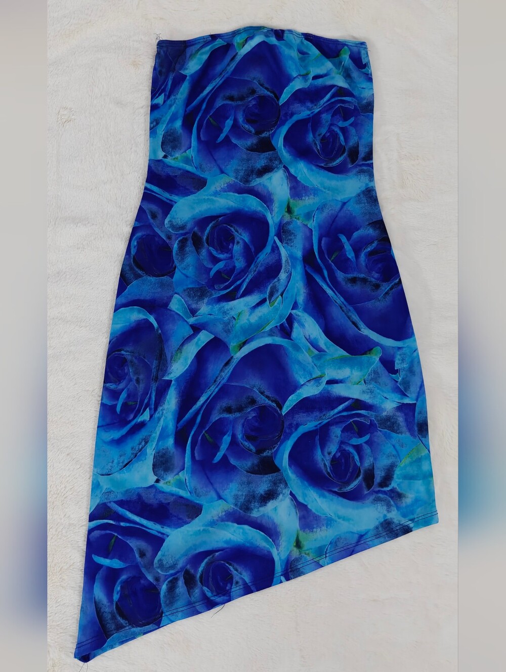 Strapless Blue Rose Print Asymmetric Dress
